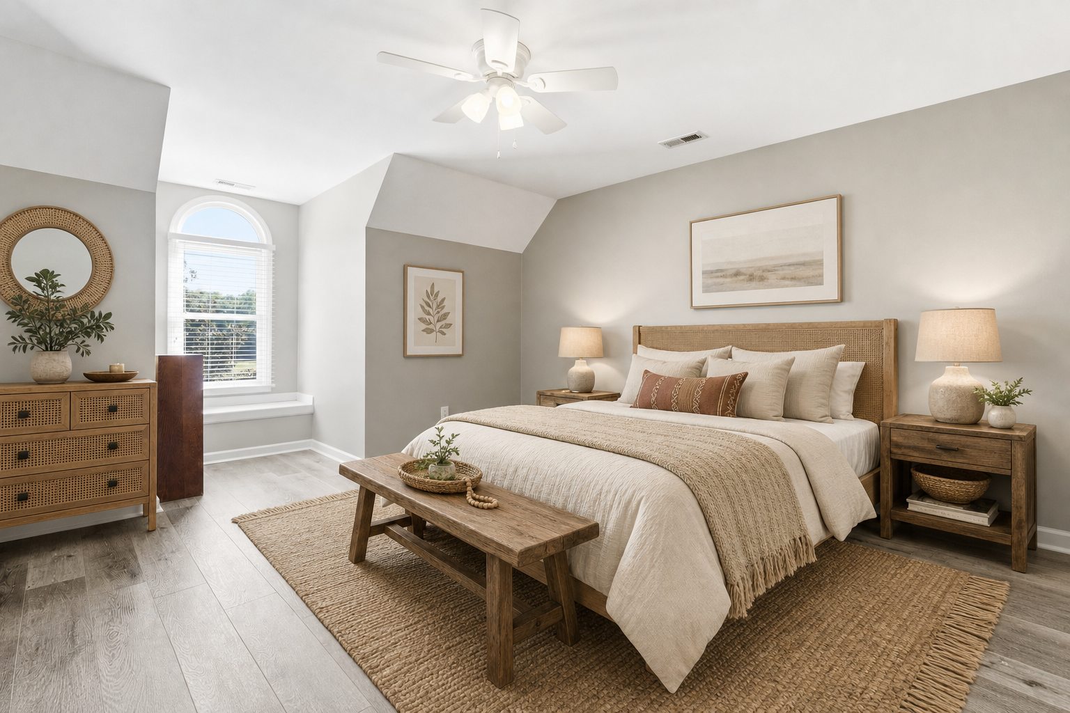 Boho-chic staged upstairs bedroom concept