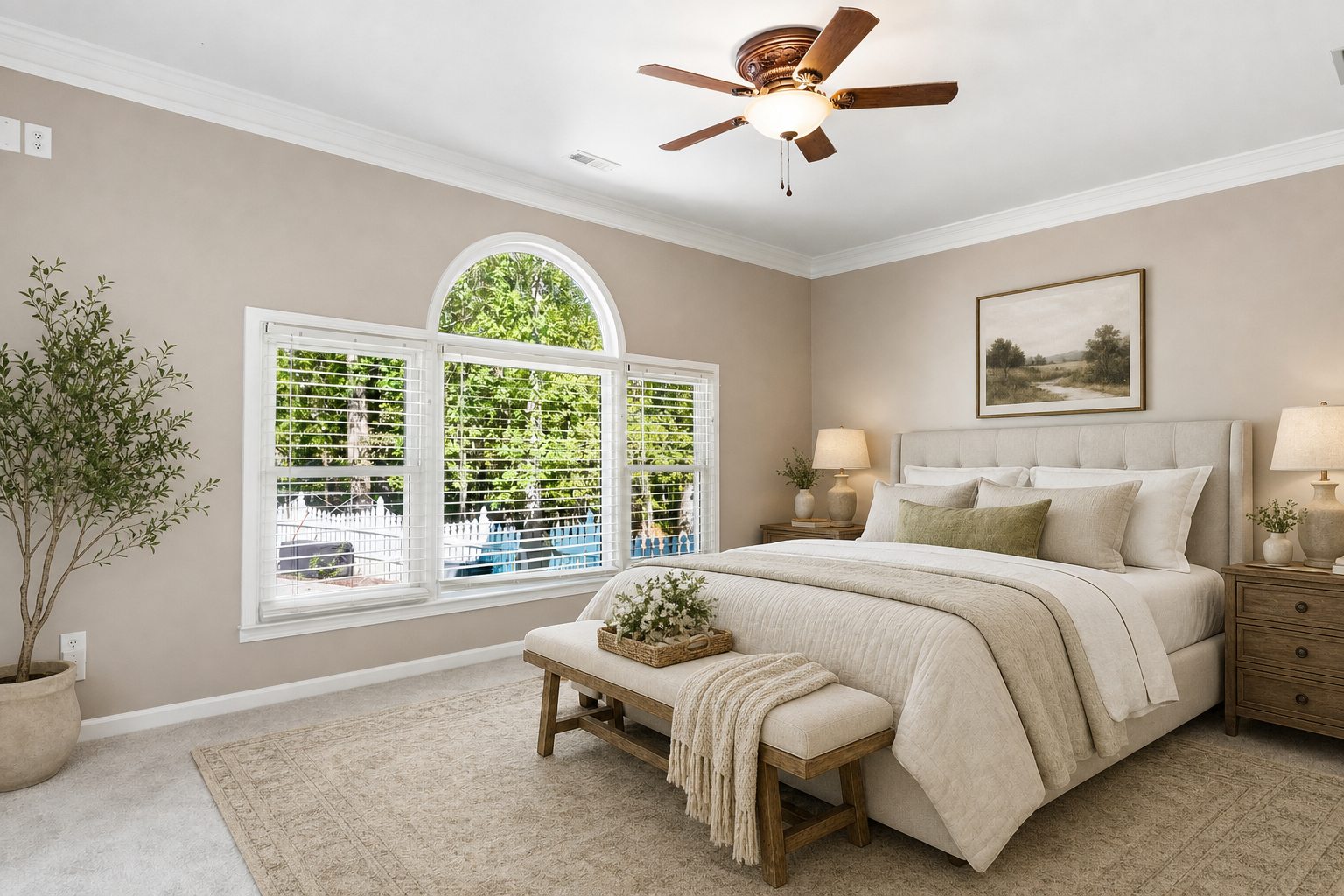 Farmhouse-staged primary bedroom concept